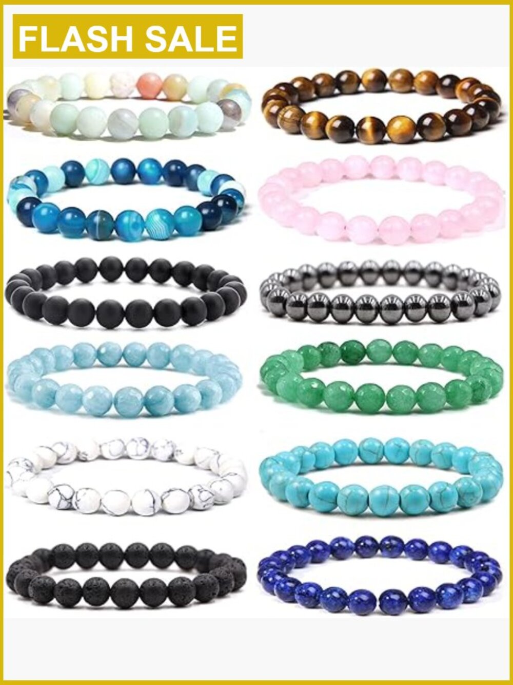 12Pcs Natural Stone Beaded Bracelets Set Unisex Stretch 8mm Semi-Precious